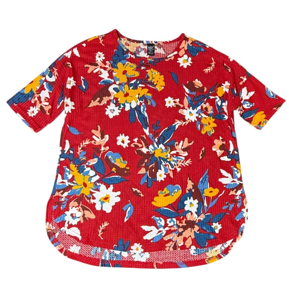 Lilidy Red Floral Print‎ 3/4 Sleeve Waffle Knit Tunic Top Large L